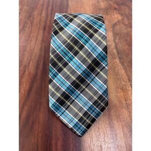 Ben Sherman necktie mens blue black yellow plaid silk narrow skinny modern style